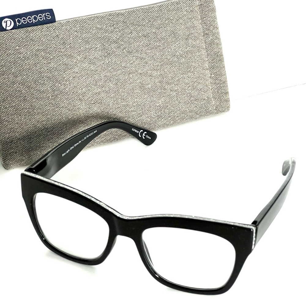 Peepers Shine On Women’s Black with Sparkles On Rim Blue Light 1.50 Readers NWOT